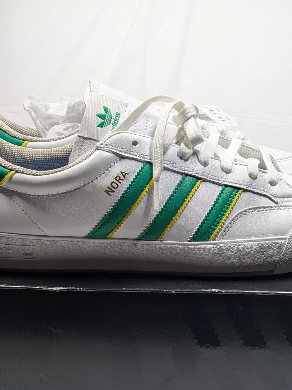 adidas Men’s White Nora with Green & Yellow Stripes